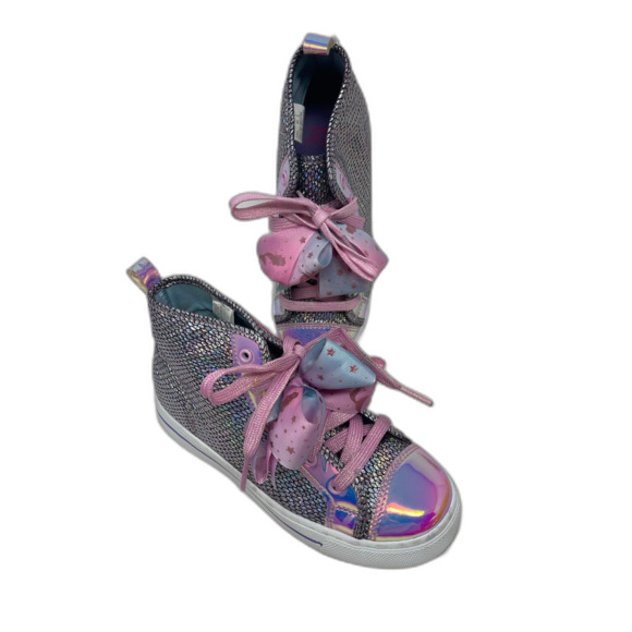 Justice Girl's Bow Silver & Pink Shimmer Glitter Sneakers Shoes Lace Up Size 4 - Picture 2 of 10